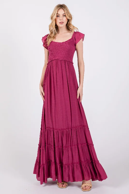 Exclusive Deal elegant dressViolet Smocked Crossover Off Shoulder Maxi Dress