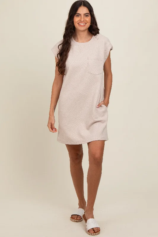 Stock Clearance v-neck dressTaupe Front Pocket Line Textured Short Sleeve Dress