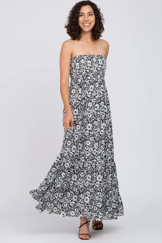 Markdowns casual evening dressBlack Floral Strapless Smocked Maxi Dress