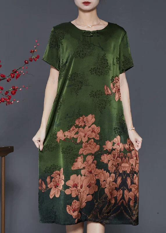 floral wrap dressGreen Print Silk Long Dress Chinese Button Summer