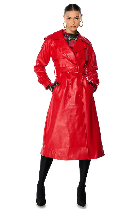 Online Only wool coatAU REVOIR FAUX LEATHER TRENCH IN RED
