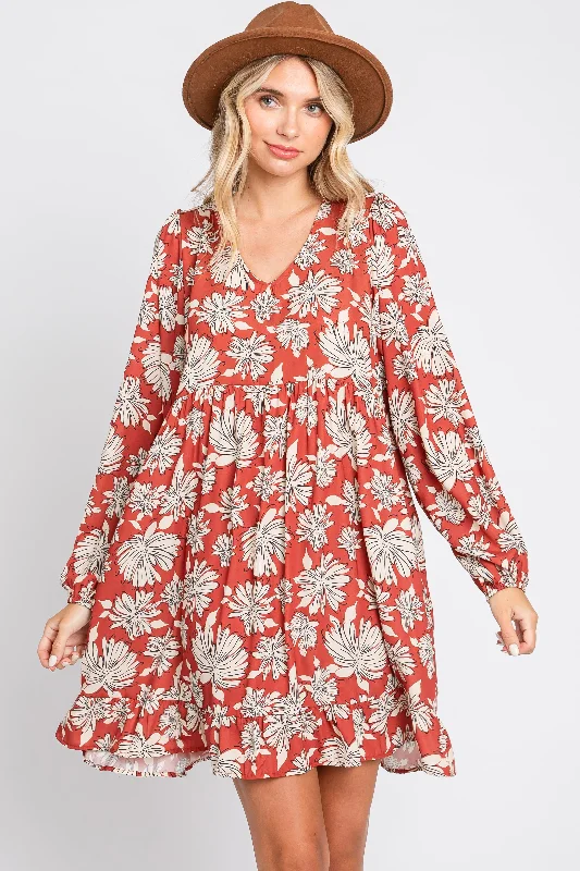 Crazy Deals trendy dressRust Floral V-Neck Long Sleeve Dress