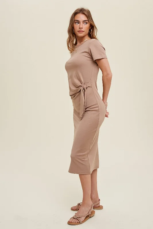 Quick Sale fitted dressMocha Side Tie Midi Dress