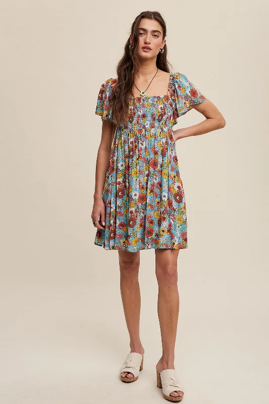 Special Buy fitted cocktail dressLight Blue Floral Smocked Flutter Sleeve Back Tie Dress