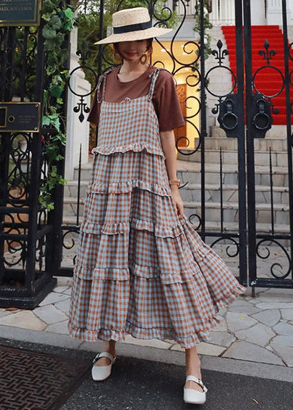 Deep Discounts form-fitting dressBlue Plaid Patchwork Ruffles Long Dress Sleeveless