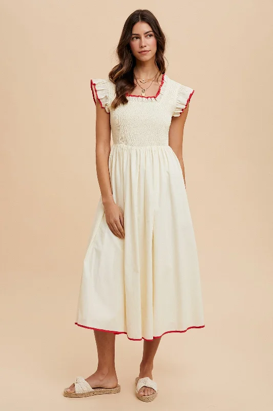 Extra Discounts denim dressCream Red Contrast Binding Detail Smocking Midi Dress