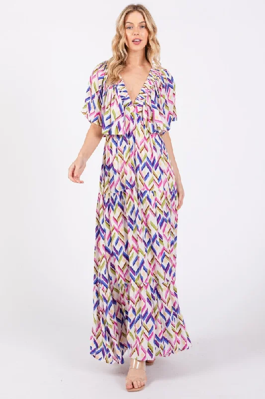 Exclusive Access denim dressMulticolor Printed Deep V-Neck Tiered Maxi Dress