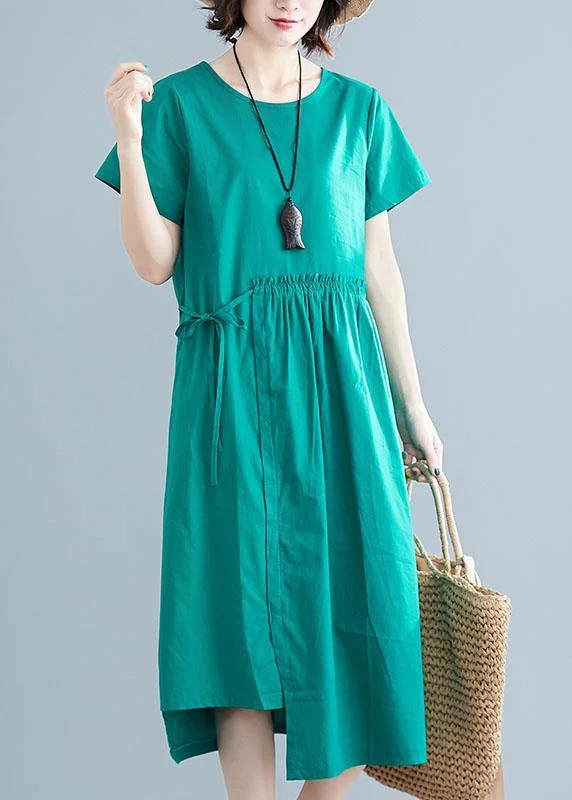 Discount Deals casual slip dressWomen o neck drawstring cotton linen quilting dresses Tutorials green Dress summer