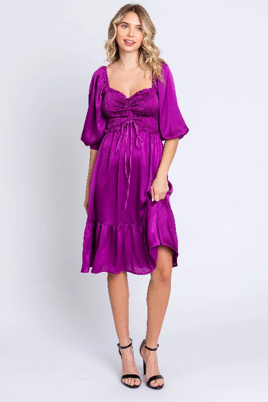 Price Reduction printed dressPlum Satin Smocked Ruffle Hem Dress
