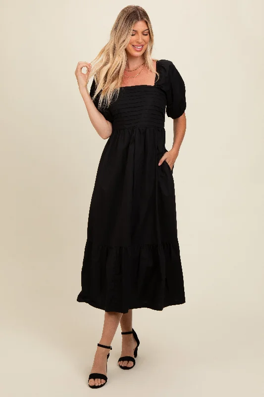 Unbeatable Prices elegant dressBlack Pleated Bodice Puff Sleeve Midi Dress