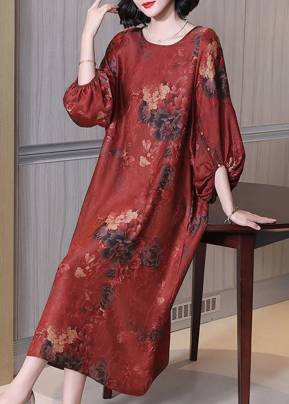 knit dressRed Print Button Silk Long Dress O Neck Half Sleeve