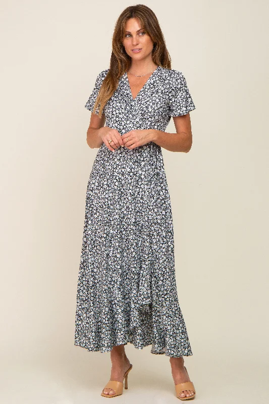 Anniversary Sale stylish party dressBlack Floral Short Sleeve Wrap Maxi Dress
