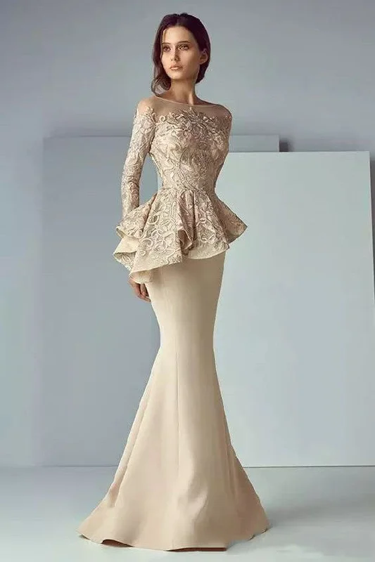 chic slip dressBateau Mermaid Floor-length Long Sleeve Satin Lace Mother of the Bride Dress with Zipper Back-107825