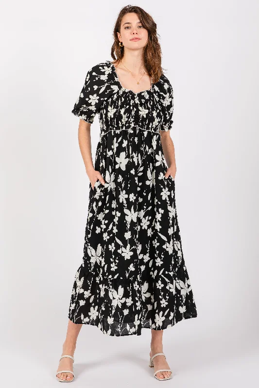 Exclusive Preview elegant maxi dressBlack Floral Puff Sleeve Midi Dress