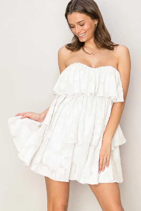 TIME-Limited Offer boho dressCream Organza Jacquard Ruffle Mini Dress
