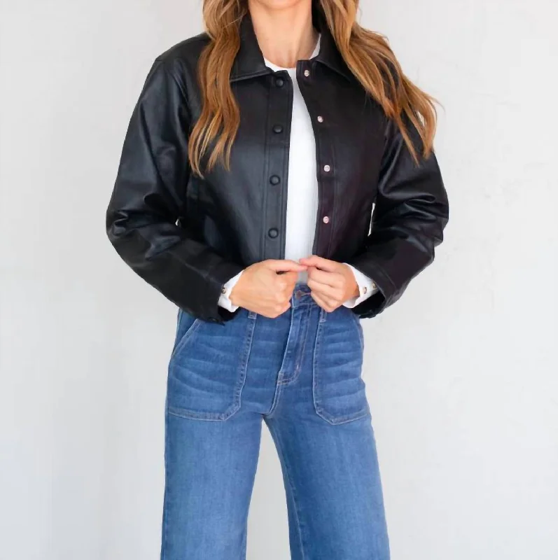 Holiday Sale Evolving Vegan Leather Crop Shacket In Black