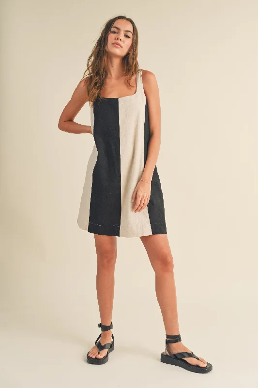 Price Cut bohemian dressBlack Color Block Linen Sleeveless Dress