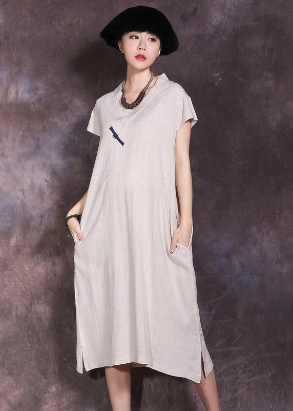 Final Sale sleek dressWomen nude v neck linen dress side open Plus Size summer Dresses