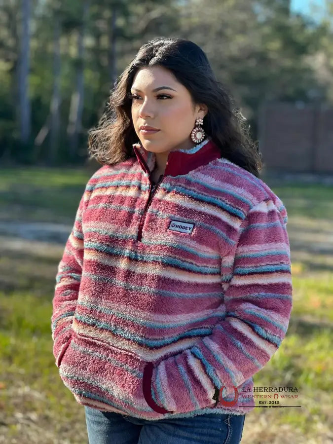 Best Deals Hooey Womens Pink Multi Color Striped Sherpa Pullover Half Zip
