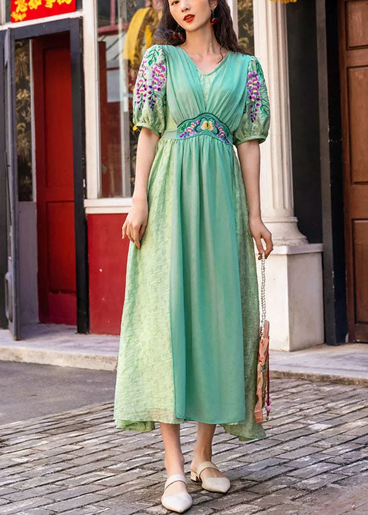 Price Rollback elegant dressCyan Silk Long Dresses Cinched V Neck Short Sleeve