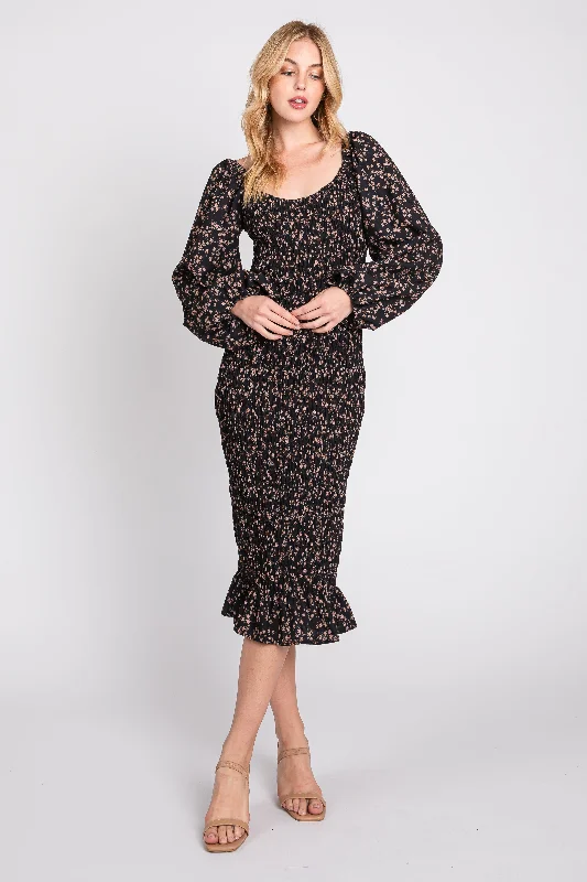 Overstock textured dressBlack Floral Smocked Fitted Long Sleeve Midi Dress