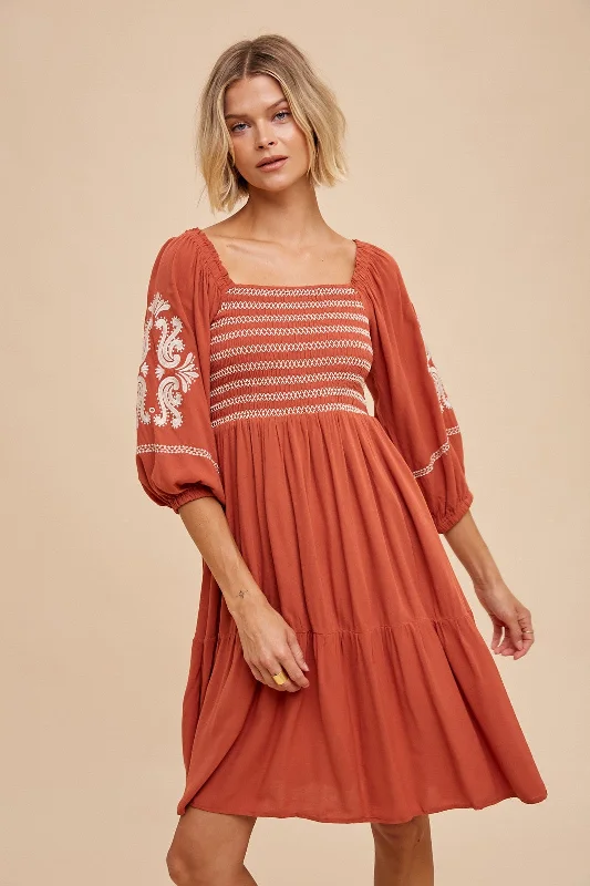 Can't Miss minimalistic dressRust Smocked Embroidered Damask Dress
