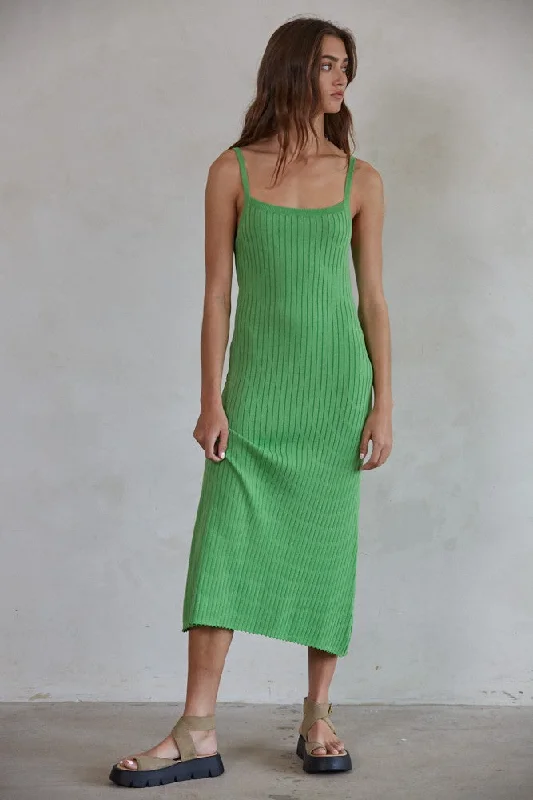 Blowout Sale mini dressGreen Square Neck Ribbed Sleeveless Midi Dress
