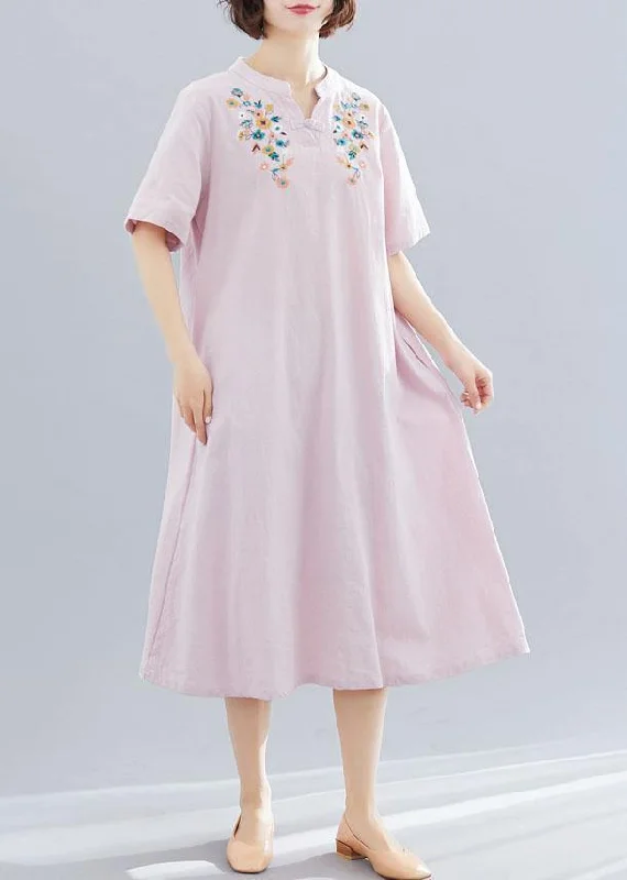 Quick Sale casual slip dressWomen v neck linen clothes Neckline pink embroidery Dress summer Quick Sale casual slip dressWomen v neck linen clothes Neckline pink embroidery Dress summer