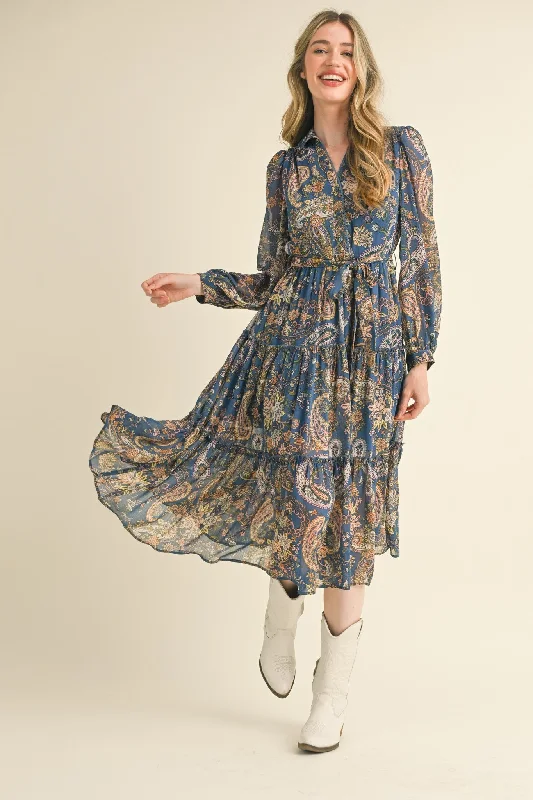 Instant Savings statement dressDenim Blue Paisley Print Button Down Midi Dress