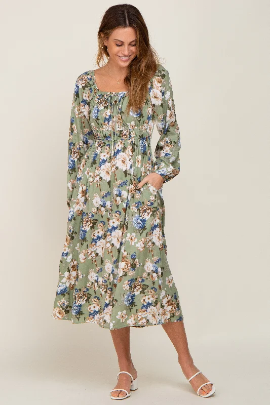 Bonus Savings chic dressLight Olive Floral Square Neck Midi Dress