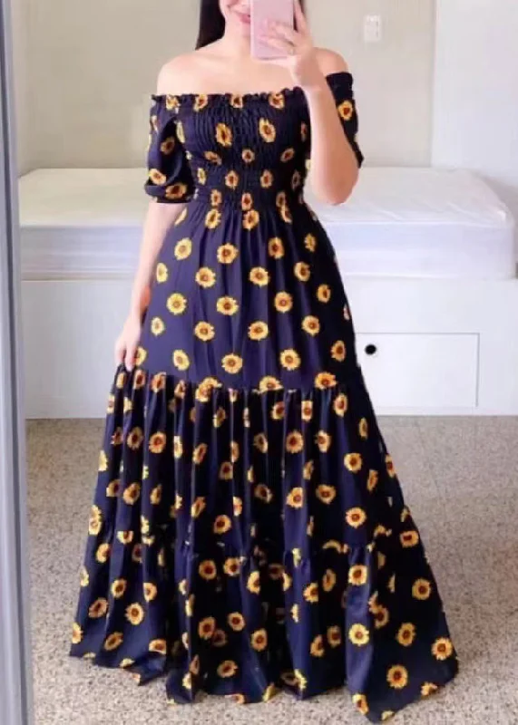 casual knit dressYellow Print Cotton Long Dresses Wrinkled Short Sleeve