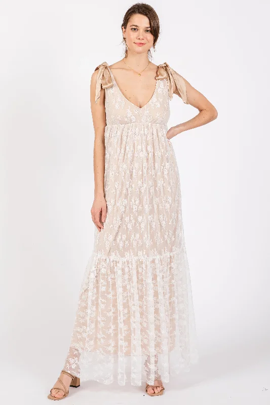 Warehouse Sale denim dressBeige V-Neck Satin Tie Lace Overlay Maxi Dress