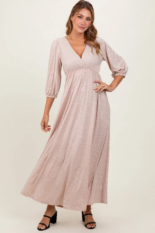 Sale Event classic fit-and-flare dressBeige Glitter V-Neck Maxi Dress