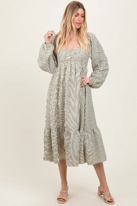 Limited Stock playful dressOlive Striped Ruched Bodice Balloon Sleeved Midi Dress
