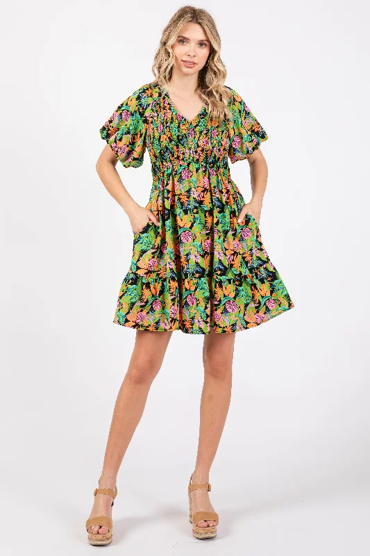 Limited Availability fitted bodycon dressGreen Multi-Color Tropical Print Ruffle Hem Dress