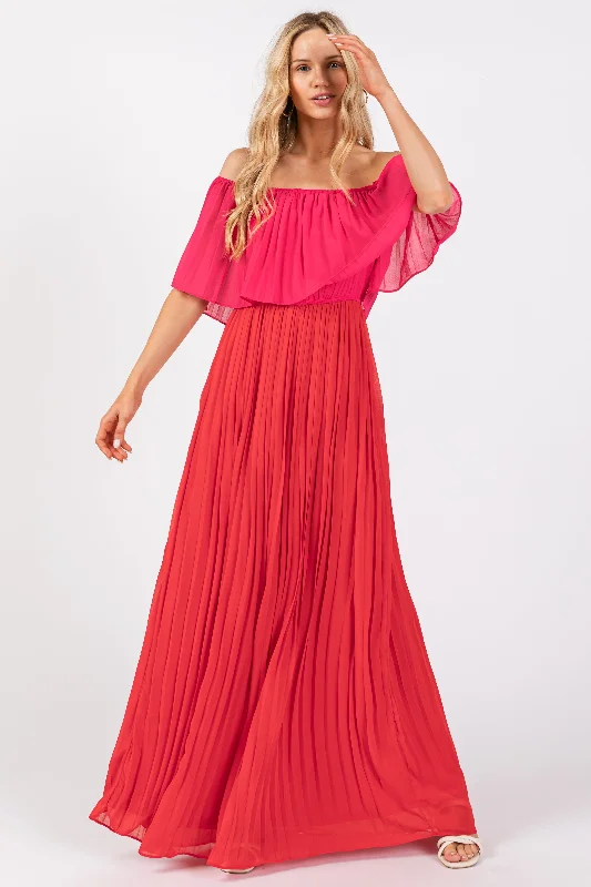 Don’t Miss Out pleated maxi dressRed Pleated Off Shoulder Colorblock Maxi Dress