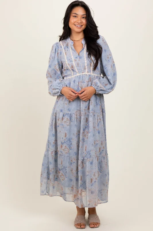 Flash Deals trendy wrap dressLight Blue Floral Lace Trim Maxi Dress