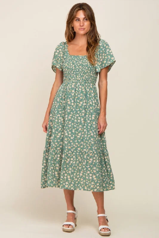 Deal Zone midi dressLight Olive Floral Smocked Midi Dress