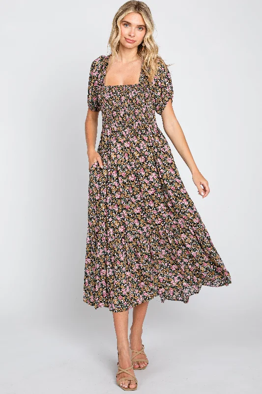 Must-Have Deals backless dressPink Floral Smocked Puff Sleeve Midi Dress