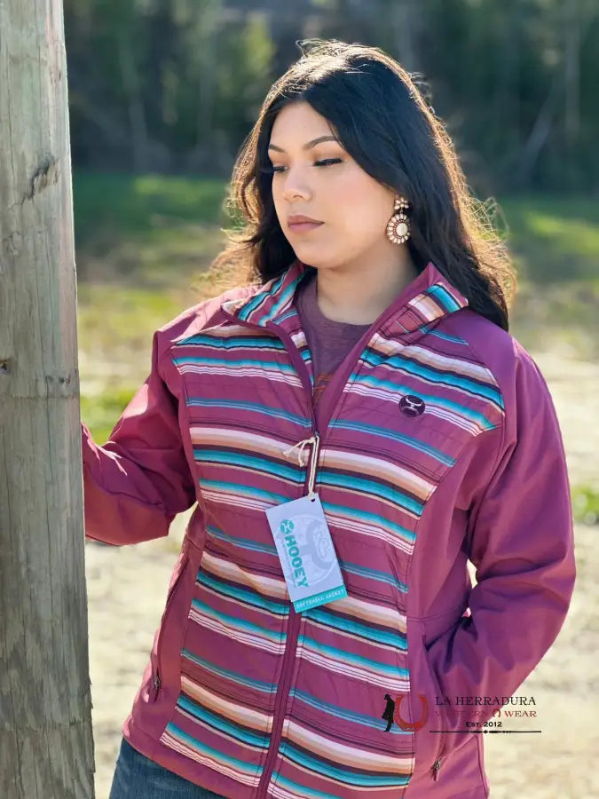 Special Discount Hooey Womens Pink Softshell w/ Multi Colored Stripes Full Zip Up