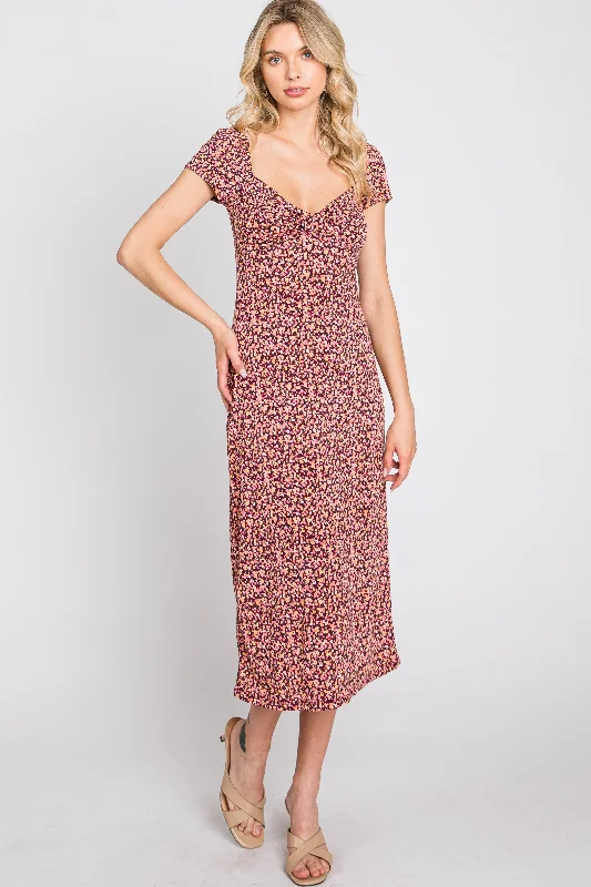Special Offer elegant shift dressMauve Floral Sweetheart Midi Dress