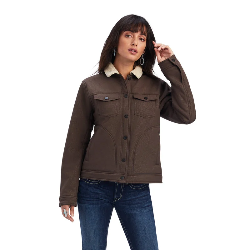 casual sports coatAriat Women's Trucker Softshell Jacket Brazil Nut Embossed Tooled Flo, Brown