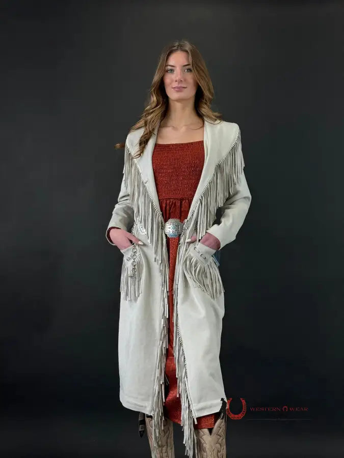 Unbeatable Prices PANHANDLE X POWDER RIVER OUTFITTERS NATURAL LONG SUEDE JACKET WITH FRINGE