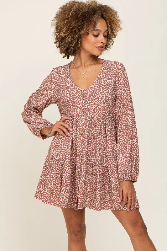 Midnight Madness party dressMauve Floral Long Sleeve Tiered Dress