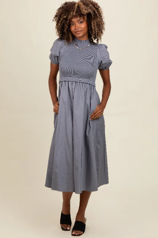 Markdowns sleek dressBlue Contrast Knit Bodice Midi Dress