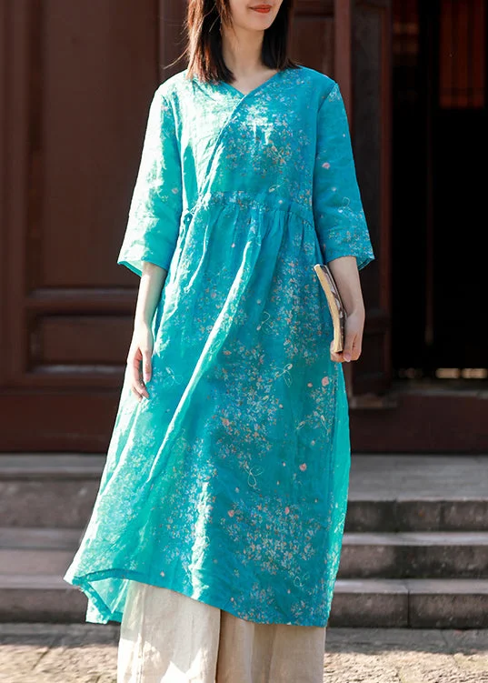 Mega Sale fitted cocktail dressElegant Blue V Neck tie waist Print Linen Dress Half Sleeve Mega Sale fitted cocktail dressElegant Blue V Neck tie waist Print Linen Dress Half Sleeve