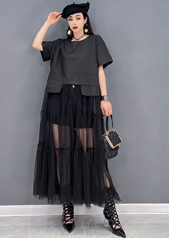 Savings Bonanza casual dressWomen Black O-Neck Patchwork Tulle Long Dress Short Sleeve Savings Bonanza casual dressWomen Black O-Neck Patchwork Tulle Long Dress Short Sleeve