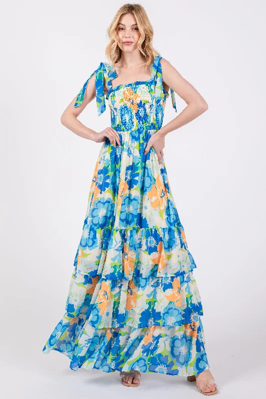 YEAR-End Sale elegant shift dressBlue Floral Smocked Shoulder Strap Maxi Dress