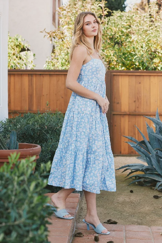 Weekend Deal comfy dressLight Blue Floral Cutout Tie Back Midi Dress