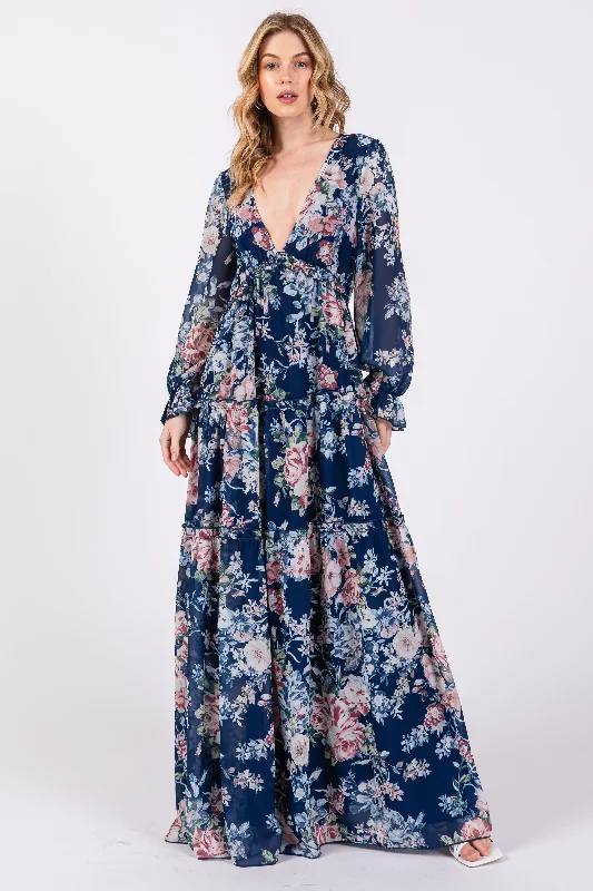 Midnight Madness ruffle dressNavy Blue Floral Chiffon Deep V Ruffle Tiered Maxi Dress Midnight Madness ruffle dressNavy Blue Floral Chiffon Deep V Ruffle Tiered Maxi Dress